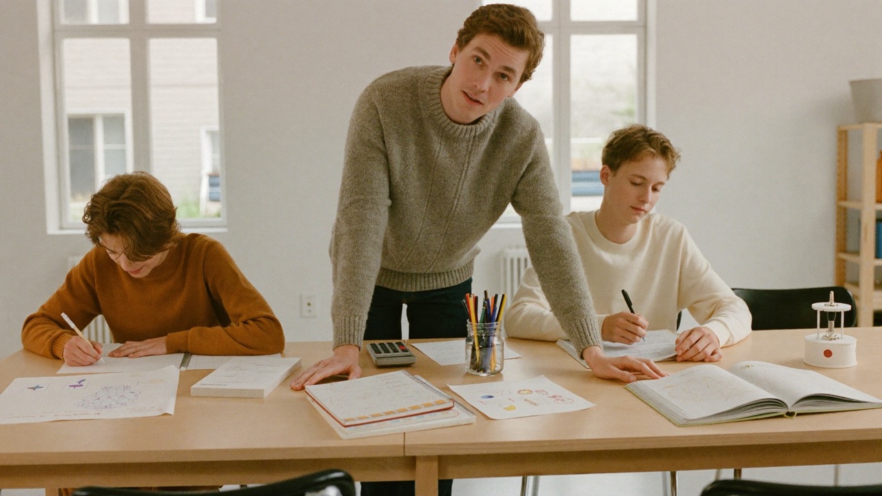 En studiehjälpare står lutad över ett bord där två elever arbetar med varsin uppgift.