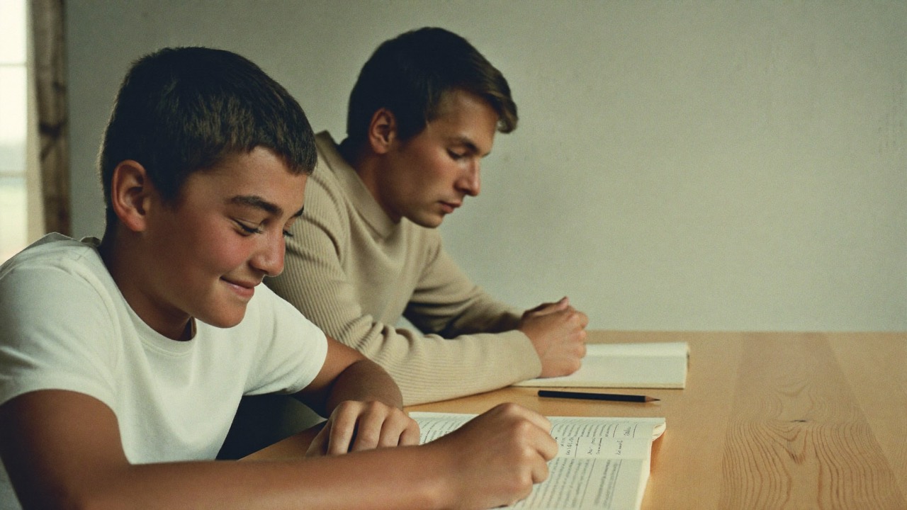 En elev ler för sig själv över sitt skrivblock efter att ha förstått något svårt, med studiehjälparen bredvid.